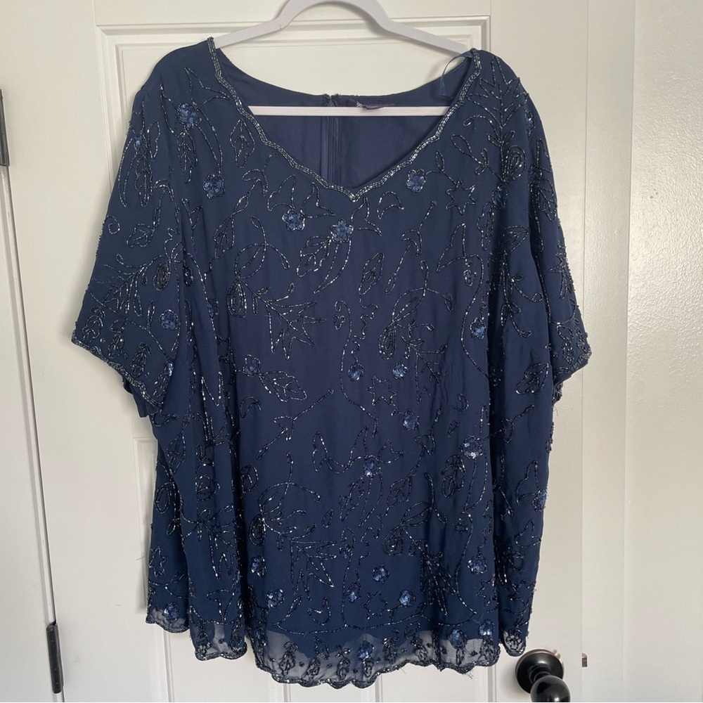 Roaman’s Women’s Beaded All Over Blouse Navy Blue Size 32W Full Zip Back Heavy